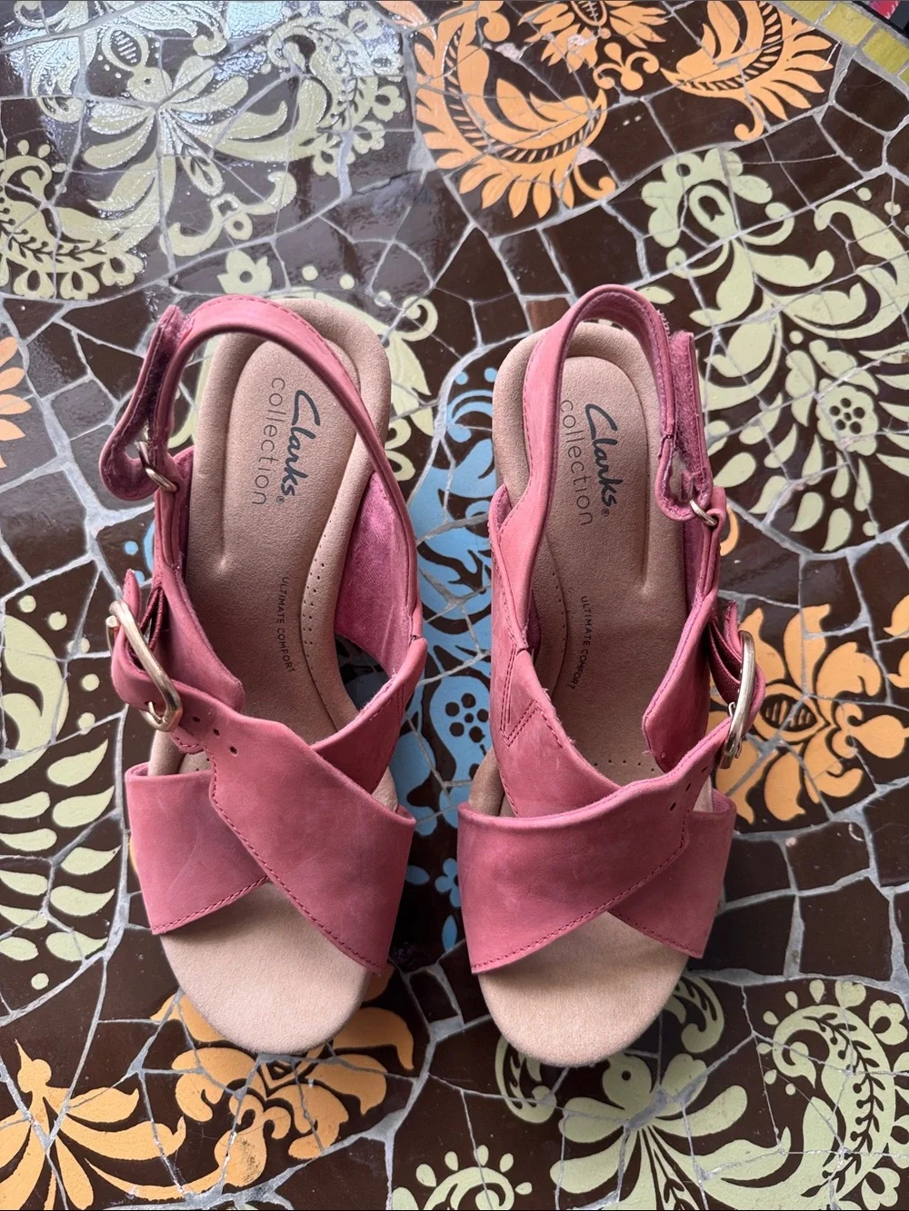Clarks Women’s Coral Pink Cross-Strap Wedge Sandals